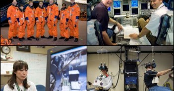 U góry po lewej: załoga misji STS-131, po prawej Poindexter i Dutton w symulatorze wahadłowca. Na dole po lewej: Yamazaki podczas ćwiczeń obsługi ramienia, po prawej Anderson i Mastracchio ćwiczą wykonywanie czynności podczas spaceru kosmicznego (NASA)