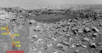 Zdjęcie krateru Concepción. W lewym dolnym rogu mapka pokazująca położenie łazika podczas dnia marsjańskiego Sol-2138. Credits: Eduardo Tesheiner/NASA/JPL/UA/unmannedspaceflight.com