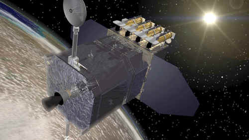 Wizja artystyczna SDO, prowadzącego badania na orbicie Ziemi  credit: NASA/Goddard Space Flight Center Conceptual Image Lab