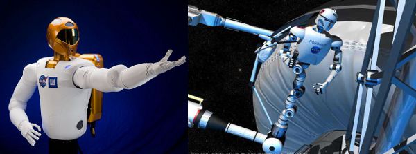 Po lewej Robonaut-2, po prawej wizja artystyczna przyszłej wersji robota wykonującego prace na zewnątrz stacji kosmicznej ISS (NASA)