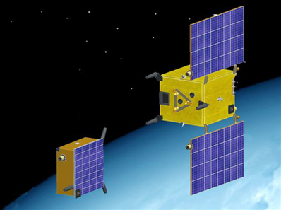 Satelita PRISMA w locie rozłącznym. Tango po lewej, Mango po prawej, (c) Swedish Space Corporation