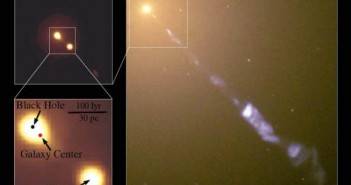 Po prawej: zdjęcie z teleskopu Hubble, przedstawiające galaktykę M87 (NASA and the Hubble Heritage Team (STScI/AURA), J. A. Biretta, W. B. Sparks, F. D. Macchetto, E. S. Perlman); Po lewej widoczne zdjęcia uzyskane przez teleskop Hubble w 2006 roku - czarną kropką oznaczono pozycję SMBH, czerwoną środek galaktycznego centrum, oddalonego od czarnej dziury o około 22 +/-3 lata świetlne. Obiekt HST-1 jest fragmentem dżetu materii wyrzucanej z galaktyki.