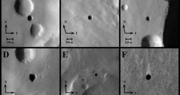 Montaż sześciu otworów w kanałach lawowych odkrytych na zdjęciach z urządzenia THEMIS, opublikowane w 2007 roku (NASA/JPL-Caltech/ASU/USGS)