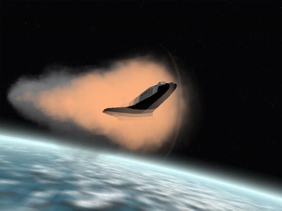 Prom kosmiczny wchodzi w ziemską atmosferę, otoczony przez plazmę (orbit.medphys.ucl.ac.uk/)