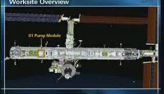 Położenie pompy do wymiany (panel słoneczny to wynik starej grafiki) / Credits - NASA TV