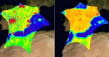 Wpływ naziemnych zakłóceń radiowych na pracę satelity SMOS nad Hiszpanią. Z lewej przed akcją ich likwidacji (marzec 2010) i po jej przeprowadzeniu (lipiec 2010)