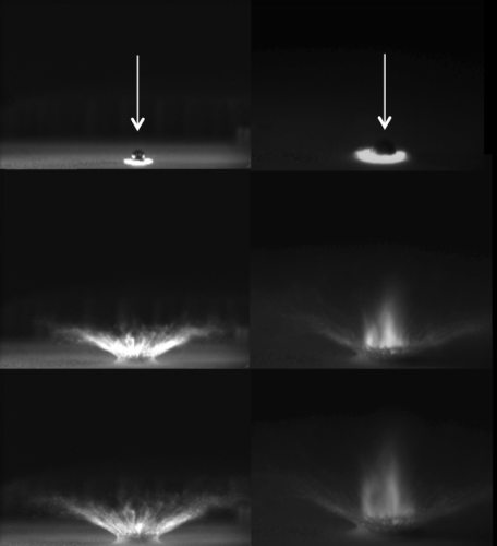 Symulacje przeprowadzone z użyciem Ames Vertical Gun Range wykazały, że budowa uderzającego materiału ma zasadniczy wpływ na kształt powstałej chmury wyrzuconej materii powierzchniowej. W przypadku obiektów zbitych i masywnych (asteroidy) uderzenie w Księżyc produkuje chmurę rozchodzącą się na boki; tymczasem zderzenie pustego w środku Centaura spowodowało wyrzut materii w górę (Brown University/Peter H. Schultz and Brendan Hermalyn, NASA/Ames Vertical Gun Range)