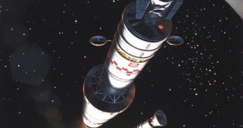 Wizja artystyczna pojazdów OA oraz LA na orbicie Ziemi z uruchomionymi modułami napędowymi HBS; © David A. Hardy (www.astroart.org)