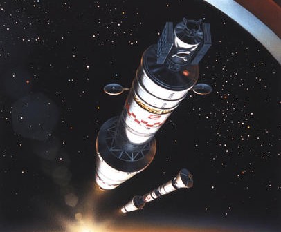 Wizja artystyczna pojazdów OA oraz LA na orbicie Ziemi z uruchomionymi modułami napędowymi HBS; © David A. Hardy (www.astroart.org)