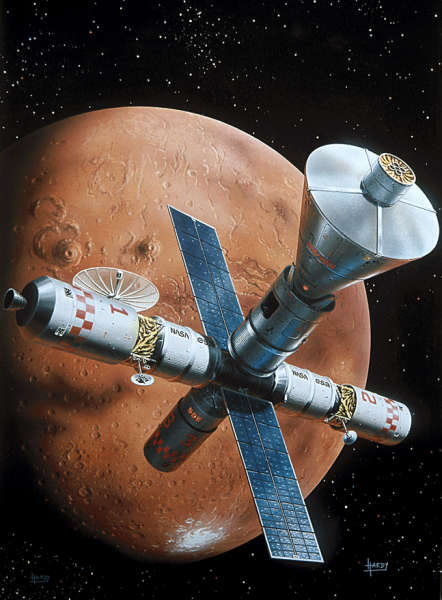 Oba pojazdy OA oraz LA połączone w jeden statek kosmiczny dzięki czteropunktowemu modułowi cumowniczemu; © David A. Hardy (www.astroart.org)