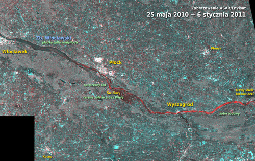 Powyzej: zestawienie obrazów z maja 2010 i stycznia 2011. Kolor czerwony oznacza wzrost szorstkości. Na obszarze Wisły wynika on najprawdopodobniej z pojawienia się spiętrzonego lodu. Można również zauważyć wzrost szorstkości terenu w okolicy Świniar. To nie piętrzący się lód, ale znak, że majowa woda już zniknęła, a opadając i parując odsłoniła naturalne podłoże, które jest bardziej szorstkie niż tafla wody. Rys.: Andrzej Kotarba/CBK PAN/ESA.