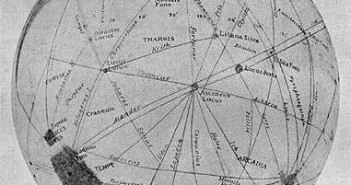 Mapa Marsa Lowella, wykonana w trakcie opozycji z 1903 roku; u góry znajduje się region Solis Lacus (Nature)
