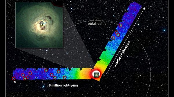 Montaż nowego zdjęcia z Suzaku. Wykonane zostało w paśmie promieniowania X 700-7000 elektronowoltów i jest kombinacją ekspozycji wykonywanych przez trzy kolejne dni. Kolor niebieski oznacza tutaj mniej intensywną emisję. Na czerwono zakreślono źródła promieniowania spoza gromady. Zdjęcie z Suzaku jest tutaj naniesione na tło obrazu z satelity NASA – Chandry. Credit – NASA / JAXA