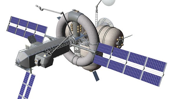 Ilustracja przedstawia koncepcję wielozadaniowego, załogowego statku kosmicznego NAUTILUS-X. (Credits: NASA/Mark L. Holderman)