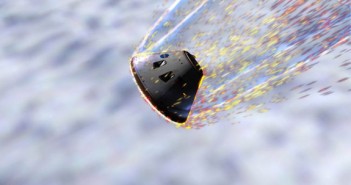 Wizja artystyczna kapsuły Orion w fazie wejścia w ziemską atmosferę (NASA)