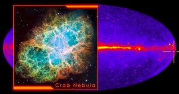 Mgławica Kraba – zdjęcie z teleskopu Hubble`a w świetle widzialnym na tle mapy nieba promieniowania gamma / Credit – NASA