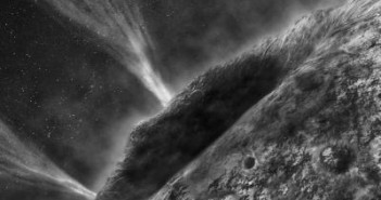 Ilustracja przedstawia artystyczną wizję wyrzutu wody z wnętrza komety Wild-2. (Credit: NASA/JPL-Caltech)