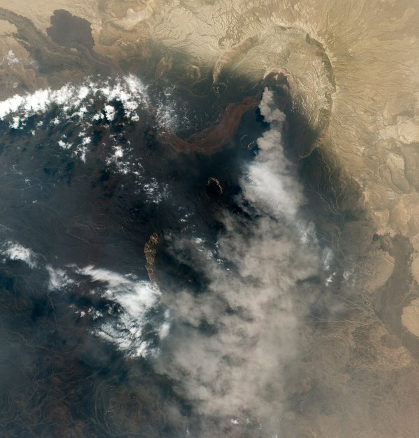 Wulkan Nabro w zakresie widzialnym. Widoczny ciemny obszar, gdzie nastąpiło osadzenie pyłów wulkanicznych. / Credits - NASA