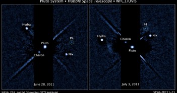 Układ Plutona z zaznaczonym księżycem P4 / Credits - NASA, ESA i M. Showalter (SETI)