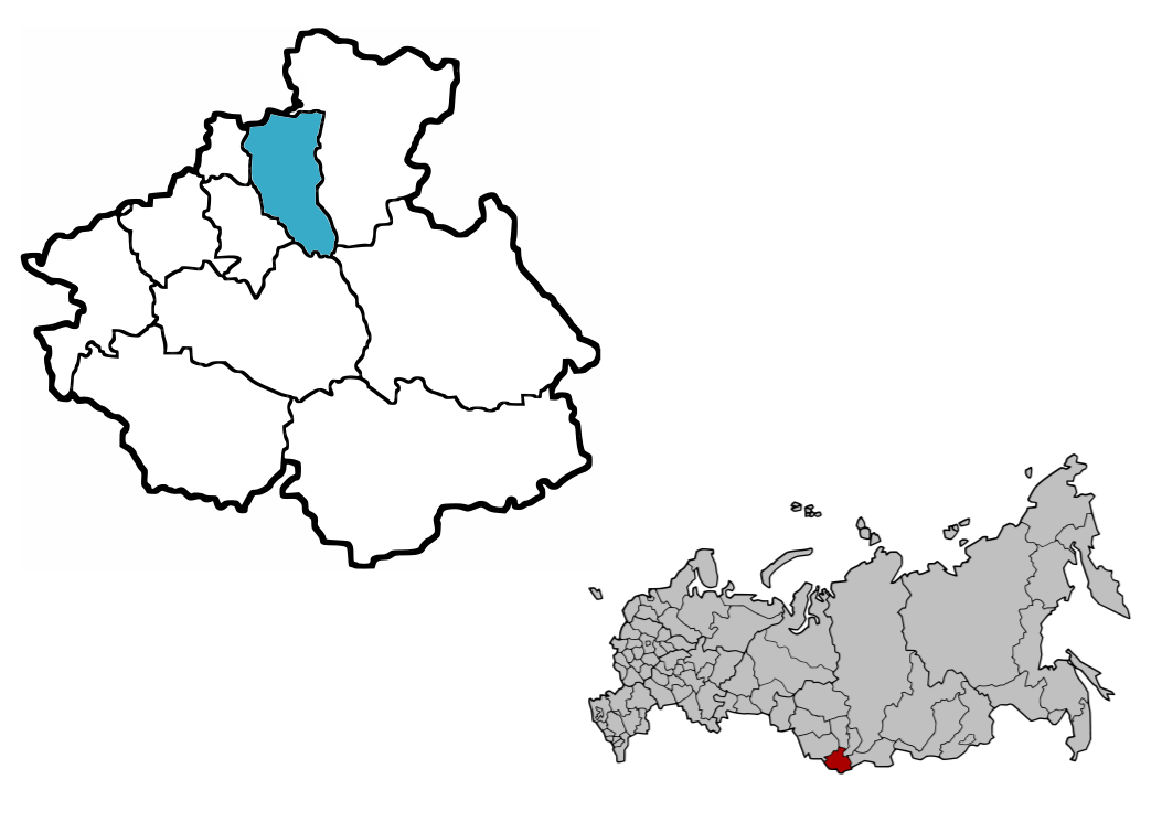 Region Czojski (niebieski) na mapie Autonomicznej Republiki Ałtaju i położenie republiki w Federacji Rosyjskiej / Credtis: Kosmonauta.net, CC-BY 3.0, grafiki źródłowe: WikiCommons