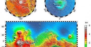 Mapa topograficzna Marsa. Widoczna duża różnica w wysokości północnej i południowej półkuli oraz twory, wyglądające niczym rzeki, prowadzace na północ. / Credits - NASA, JPL, Caltech