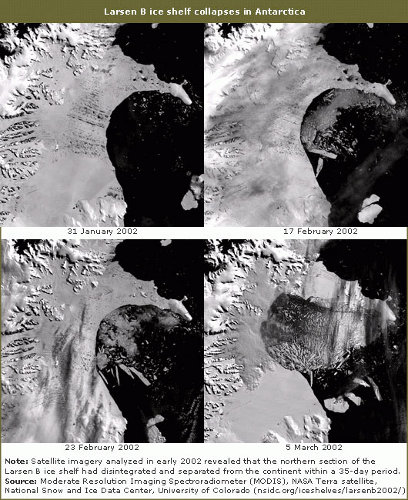 Kolejne zdjęcia przedstawiają gwałtowny rozpad lodowca Larsen B w 2002 roku. Uzyskano je za pomocą instrumentu MODIS (Moderate Resolution Imaging Spectroradiometer) satelity Terra należącej do NASA. Kolejne zdjęcia przedstawiają gwałtowny rozpad lodowca Larsen B w 2002 roku. Uzyskano je za pomocą instrumentu MODIS (Moderate Resolution Imaging Spectroradiometer) satelity Terra należącej do NASA.