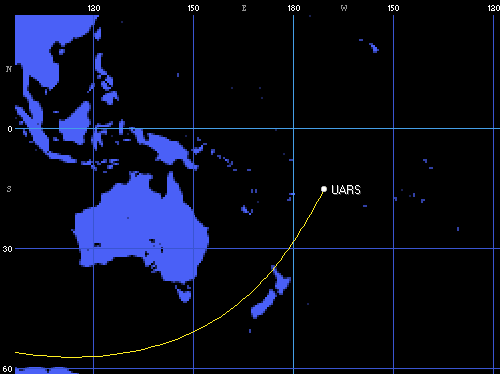 Prawdopodobne miejsce wejścia satelity UARS w atmosfere o godzinie 6:00 CEST, 24 września bieżącego roku (Orbitron)