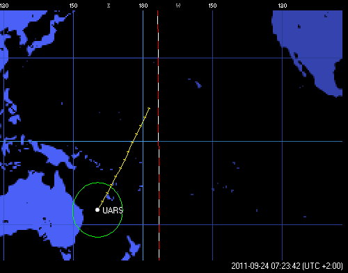 Przypuszczalny rejon wejścia w atmosferę satelity UARS o godzinie 7:23 CEST (Ted Molchan/Orbitron)