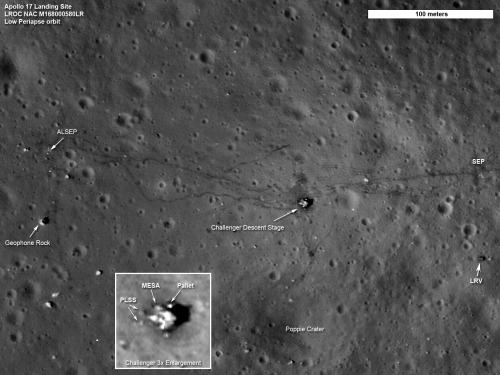 Obszar działań astronautów misji Apollo 17 zarejestrowany przez sondę LRO z nowej, tymczasowej orbity o perycentrum na wysokości 21 kilometrów (NASA/Goddard/ASU)