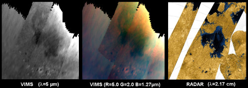 Obserwacje jezior na północnej półkuli Tytana za pomocą instrumentów VIMS (pierwsze i drugie zdjęcie) oraz RADAR (trzecie). Credits JPL/NASA/Univ. of Arizona/CNRS/LPGNantes