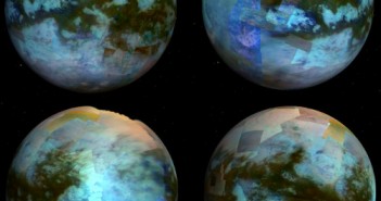 Zdjęcia przedstawiają powierzchnię Tytana w kolorze. Mozaikę uzyskano z obrazów pozyskanych za pomocą instrumentu VIMS sondy Cassini. Różne kolory odpowiadają zróżnicowaniu powierzchni, od ciemniejszych wydm na równiku, do jaśniejszych, wypiętrzonych obszarów. (Kody barw: Czerwień=5 μm, Zieleń=2.0 μm, Niebieski=1.27 μm). Credits: JPL/NASA/Univ. of Arizona/CNRS/LPGNantes