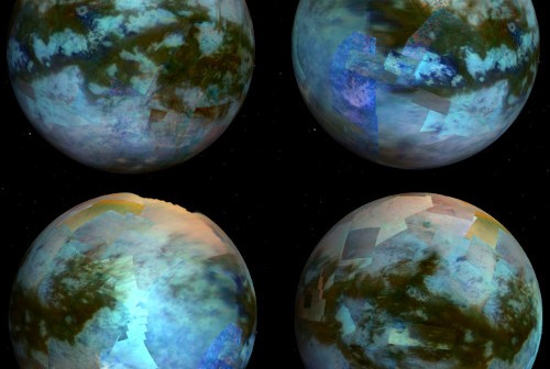 Zdjęcia przedstawiają powierzchnię Tytana w kolorze. Mozaikę uzyskano z obrazów pozyskanych za pomocą instrumentu VIMS sondy Cassini. Różne kolory odpowiadają zróżnicowaniu powierzchni, od ciemniejszych wydm na równiku, do jaśniejszych, wypiętrzonych obszarów. (Kody barw: Czerwień=5 μm, Zieleń=2.0 μm, Niebieski=1.27 μm). Credits: JPL/NASA/Univ. of Arizona/CNRS/LPGNantes