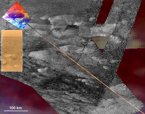 Strefa lądowania próbnika Huygens zobrazowana za pomocą VIMS, wykreślona na radarowym tle. W pomniejszeniu znajduje się zdjęcie z samego lądownika. Credits JPL/NASA/Univ. of Arizona/CNRS/LPGNantes