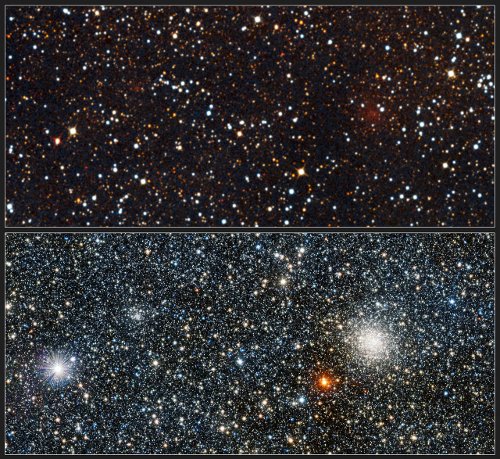 Porównanie tego samego obszaru z gromadami UKS 1 i VVV CL001 - u góry zakres widzialny, na dole zakres podczerwony / Credits - ESO