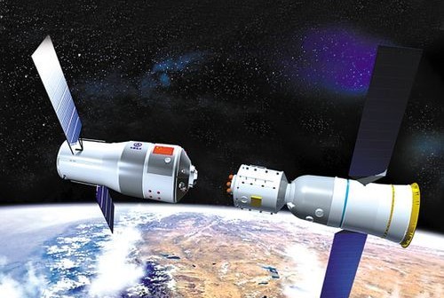 Spotkanie na orbicie: Tiangong 1 (po lewej) i Shenzhou 8 (po prawej) - grafika / Źródło: Xinhua News Agency
