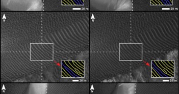 Trzy pary zdjęć przedstawiające zmiany w rozmieszczeniu wydm, powstałe na skutek ich ruchu. Zdjęcia wykonano za pomocą instrumentu High Resolution Imaging Science Experiment (HiRISE) sondy Mars Reconnaissance Orbiterw rejonie Nili Patera na Marsie. Trzy zdjęcia po lewej wykonano 30 czerwca 2007, a zdjęcia po prawej, na których widać już zmienione wzory zmarszczek - 13 października 2007 roku. (Image Credit: NASA/JPL-Caltech/University of Arizona/International Research School of Planetary Sciences)