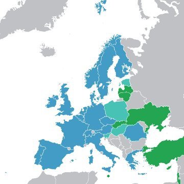 ESA - państwa członkowskie (niebieskie), kooperujące w ramach PECS (jasnozielone) i współpracujące (ciemnozielone) / Credits: WikiCommons