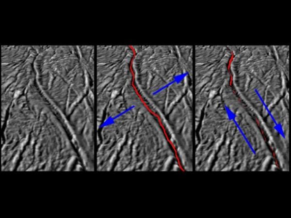 Te obrazy, bazowane na zdjęciach uzyskanych z sondy Cassini, pokazują kierunki działania sił generowanych przez grawitację Saturna, zniekształcających powierzchnię południowych rejonów Enceladusa / Credits: NASA/JPL-Caltech/SSI/LPI/GSFC