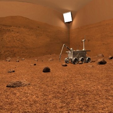 Wizualizacja łazika M4K na symulowanej powierzchni Marsa w projekcie ReMY / Credits - MSP