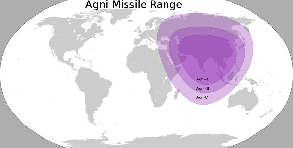 Zasięg różnych wersji rakiety Agni / Credits - Morgan Phoenix, wikipedia