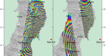 Interferogramy, wykonane przez satelitę Envisat, obrazujące trzęsienie ziemi w Japonii z 11 marca 2011 roku / Credtis: ESA, Hong Kong Polytechnic University, JPL, Caltech