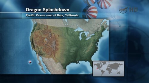 Przewidywane miejsce lądowania statku Dragon na Oceanie Spokojnym / Credits: NASA TV