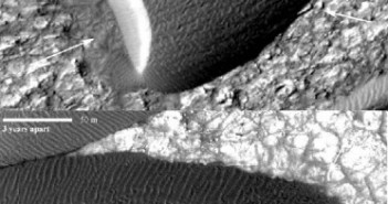 Ruch marsjańskich wydm na Nili Patera (centrum Syrtis Major Planum). Oba zdjęcia uzyskano za pomocą instrumentu HiRISE sondy MRO należącej do NASA. (Image credit: NASA/JPL-Caltech/Univ. of Arizona/JHU-APL)
