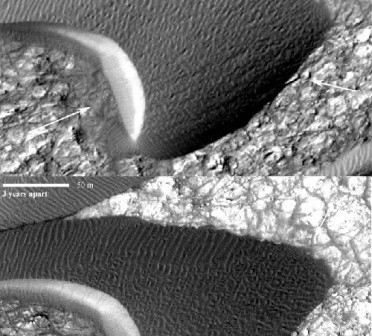 Ruch marsjańskich wydm na Nili Patera (centrum Syrtis Major Planum). Oba zdjęcia uzyskano za pomocą instrumentu HiRISE sondy MRO należącej do NASA. (Image credit: NASA/JPL-Caltech/Univ. of Arizona/JHU-APL)