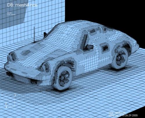 Wizualizacja modelu samochodu Porsche 911 przygotowany do obliczeń numerycznych za pomocą programu NASTRAN. 