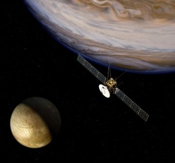 Wizja artystyczna sondy JUICE w okolicach Jowisza / Credits - ESA