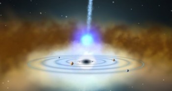 Ilustracja przedstawiająca otoczenie jądra NGC 4151 w odniesieniu do Układu Słonecznego. Poszczególne planety nie zachowują skali. Credit: NASA's Goddard Space Flight Center