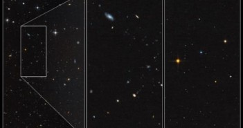 Zdjęcia wykonane za pomocą Teleskopu Hubble'a. Biały prostokąt posiada wymiary 83-163 lata świetlene. Pośrodku widoczne galaktyki tła, natomiast po prawej obiekty należącego do galaktyki karłowatej Leo IV, zawierającej kilkaset gwiazd podobnych do naszego Słońca, a także czerwone karły oraz trochę czerwonych olbrzymów / Credits: NASA, ESA, and T. Brown (STScI)