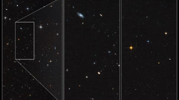 Zdjęcia wykonane za pomocą Teleskopu Hubble'a. Biały prostokąt posiada wymiary 83-163 lata świetlene. Pośrodku widoczne galaktyki tła, natomiast po prawej obiekty należącego do galaktyki karłowatej Leo IV, zawierającej kilkaset gwiazd podobnych do naszego Słońca, a także czerwone karły oraz trochę czerwonych olbrzymów / Credits: NASA, ESA, and T. Brown (STScI)