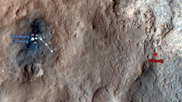 Grafika ukazująca dotychczasowy dystans pokonany przez łazika Curiosity (do Sol 29). Po prawej widoczny średniookresowy cel łazika - obszar Glenelg / Credits: NASA/JPL-Caltech/Univ. of Arizona
